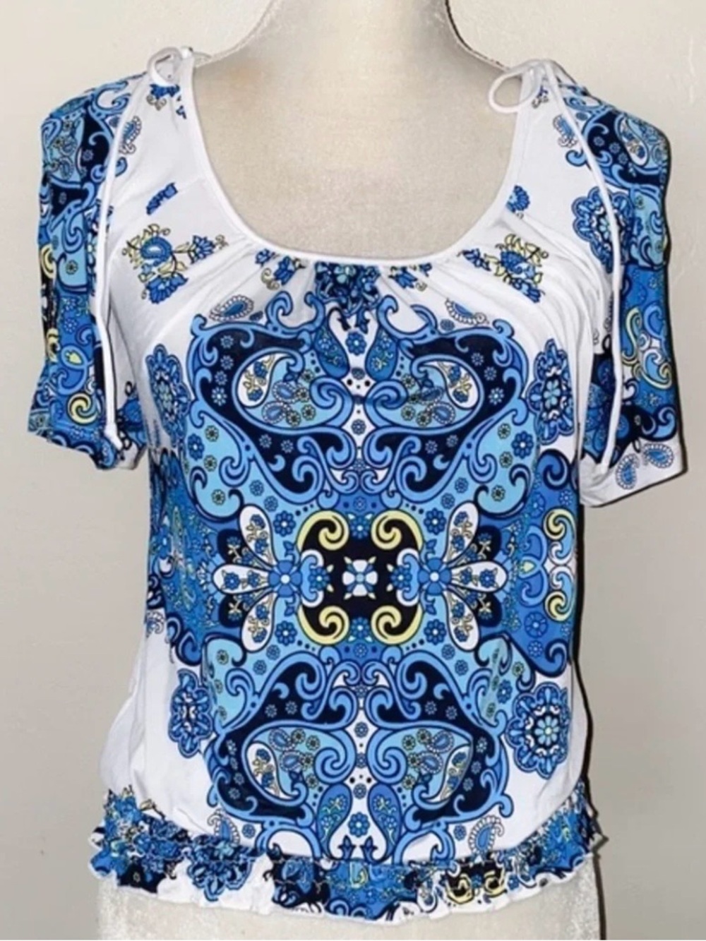 Soulmates Blue White‎ Paisley Stretch Tie Cold Shoulder Top Sz M